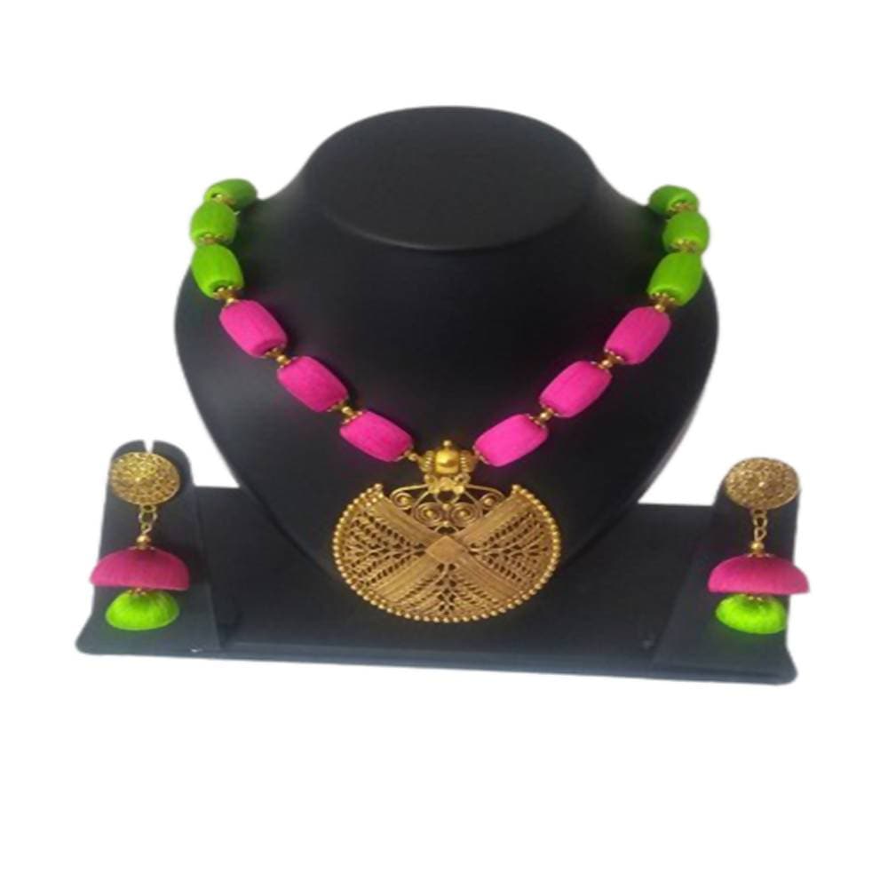 Kundan HandiKrafts Pink And Green Silk Thread Necklace | Grocsy