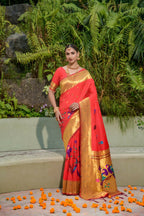 Jyoti Fashion Women's Red Paithani Silk Zari Woven Saree with Blouse | Grocsy
