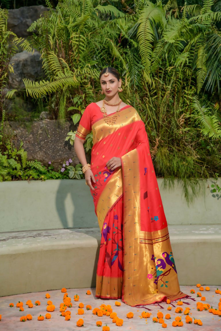Jyoti Fashion Women's Red Paithani Silk Zari Woven Saree with Blouse | Grocsy