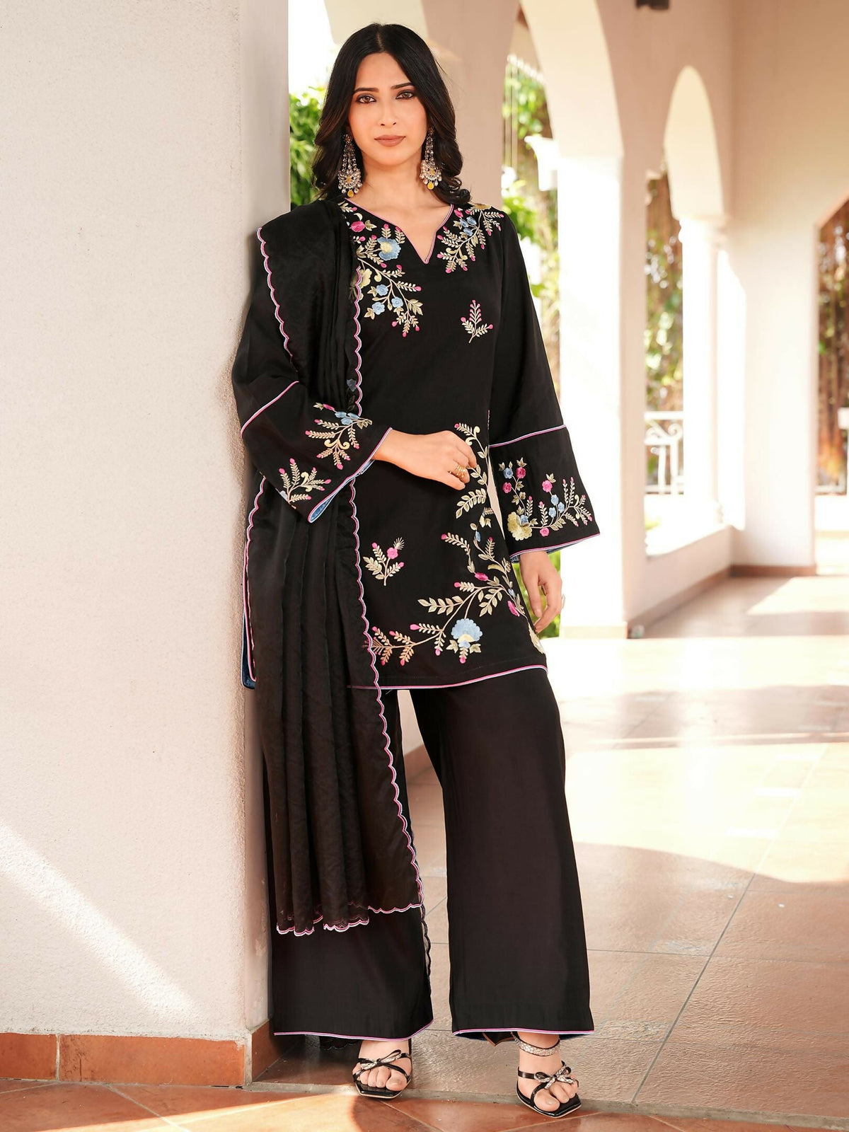 Nikhaar Black Embroidered Art Silk Stitched Straight Cut Kurta Culottes Dupatta Readymade Suit | Grocsy