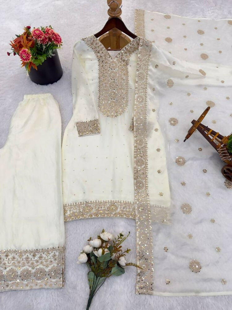 Teeya Creation White Color Fendy Silk Embroidery Work Wedding Wear Salwar Suit | Grocsy