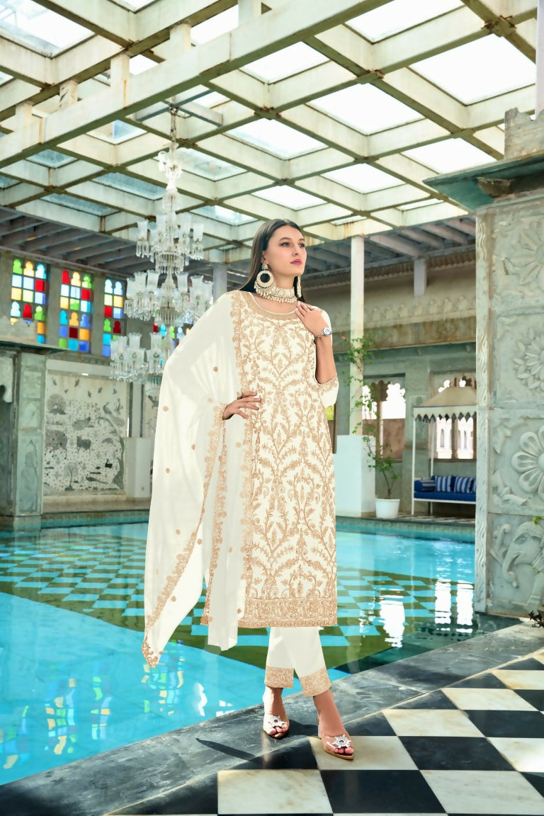 Jyoti Fashion Women's White Faux Georgette Heavy Embroidery and Moti Work Kurta Set | Grocsy