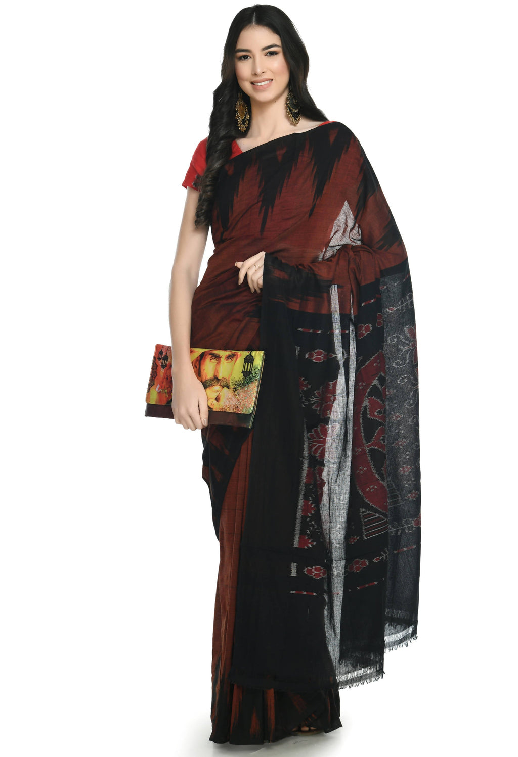 Vamika Sambalpuri Ikat Cotton Kargil Brown & Black Saree | Grocsy