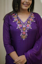 The52 Purple Women's Gorgeous Vichitra Fabric Embroidered Work Straight Kurta Pant and Dupatta Set | Grocsy
