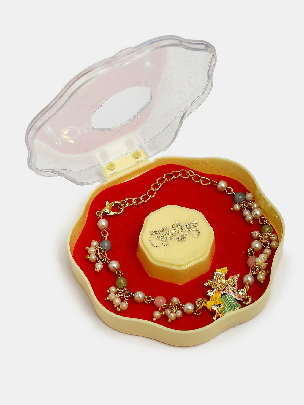 NVR Women & Men Set of 2 Multicolor Gold-Toned Radha Krishna Beaded Bhaiya Bhabhi Rakhi With Roli Chawal & Chocolate | Grocsy