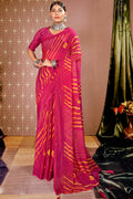 Pink Chiffon Leheriya Printed Saree With Unstitched Blouse Piece - Shanaya | Grocsy