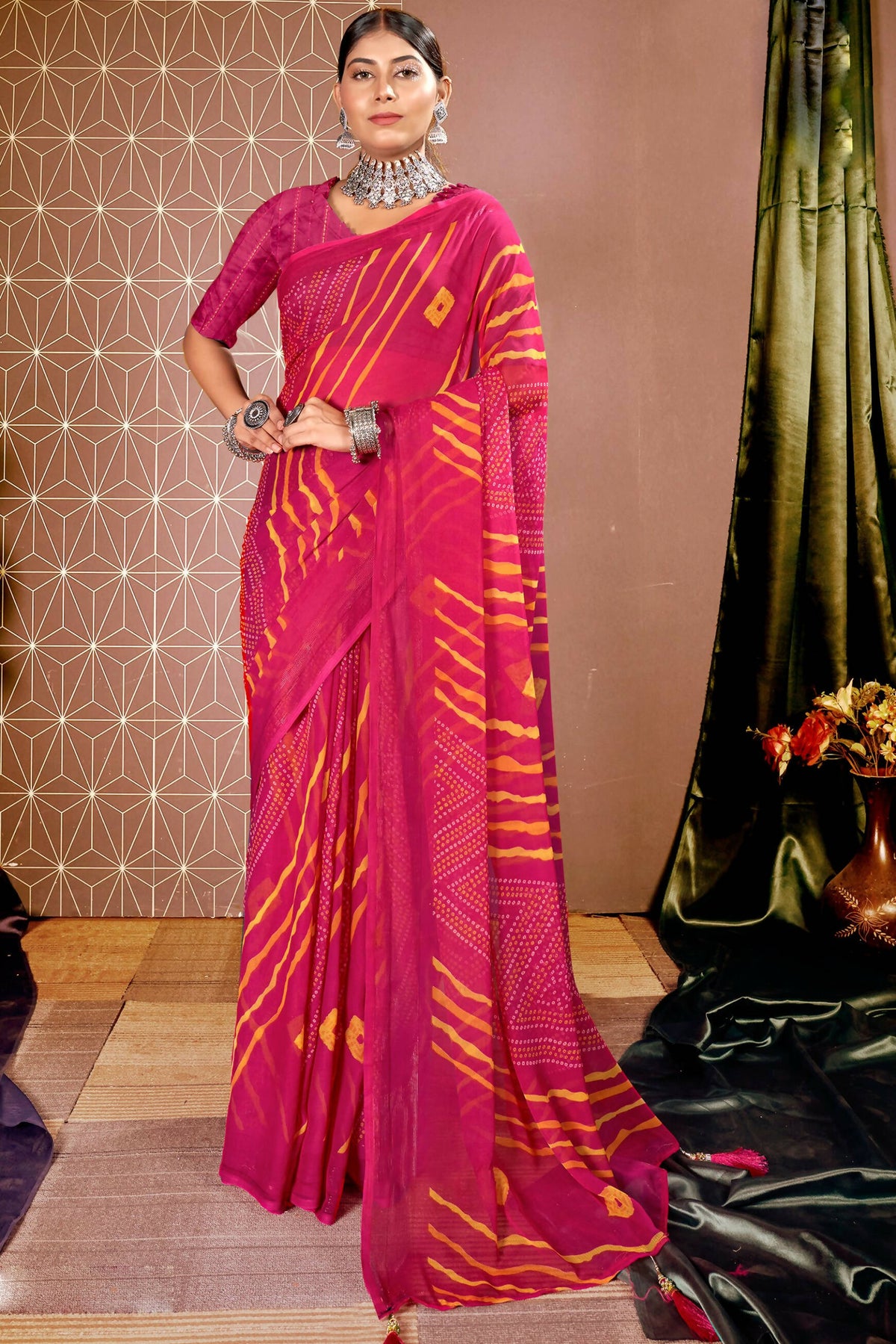 Pink Chiffon Leheriya Printed Saree With Unstitched Blouse Piece - Shanaya | Grocsy