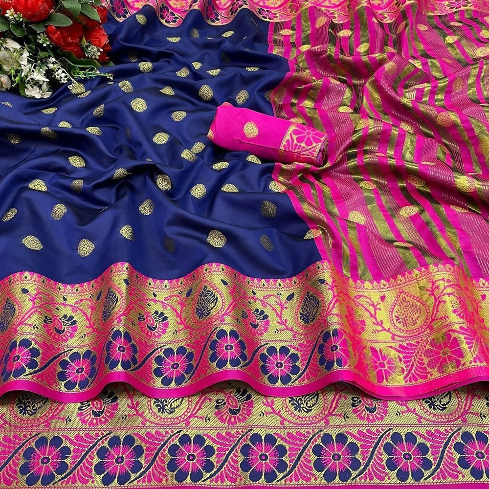 Vamika Cotton Rich Silk With Jacquard Weaving Navy Blue Saree | Grocsy