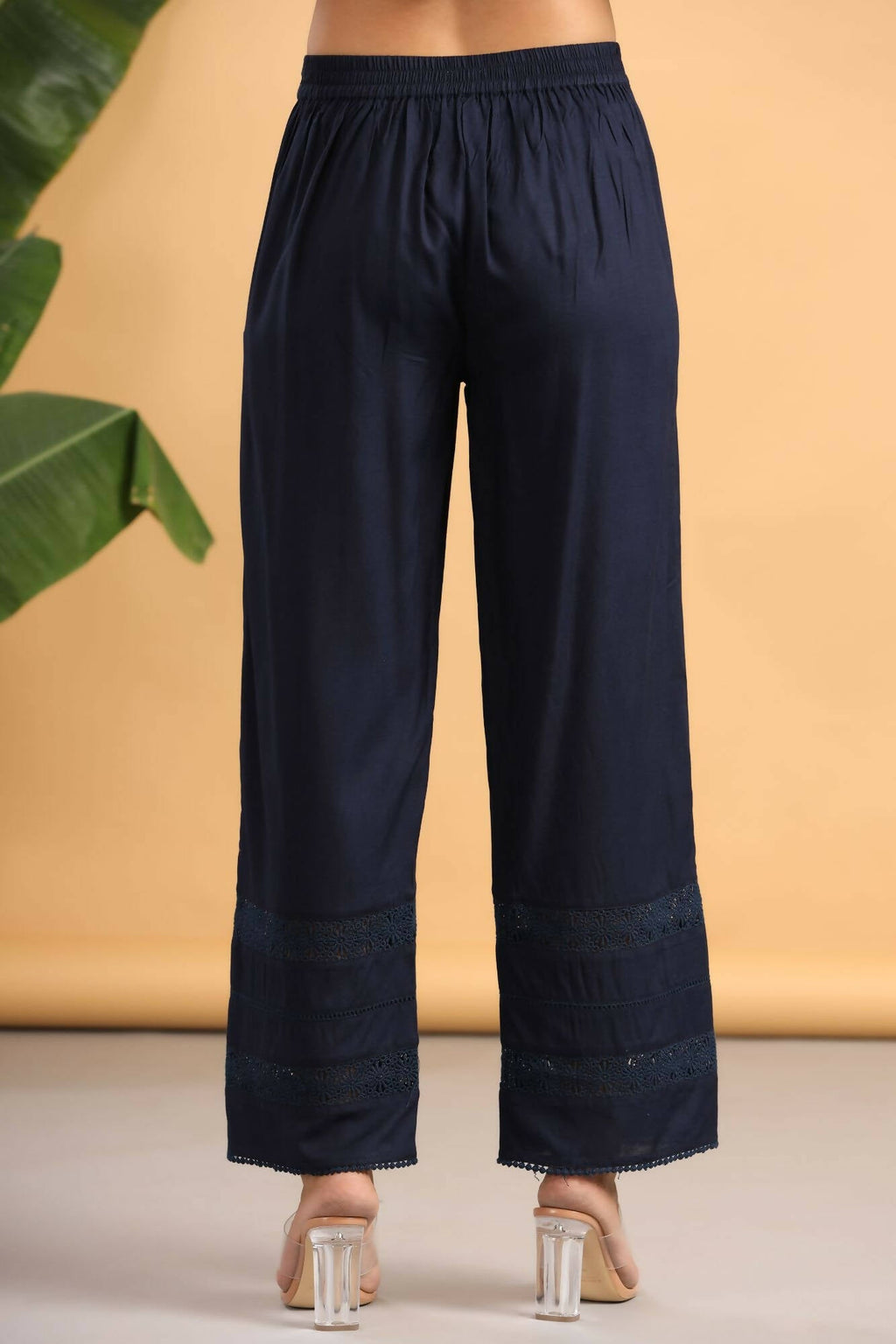 Juniper Women Navy Rayon Woven Design Flared Palazzo | Grocsy