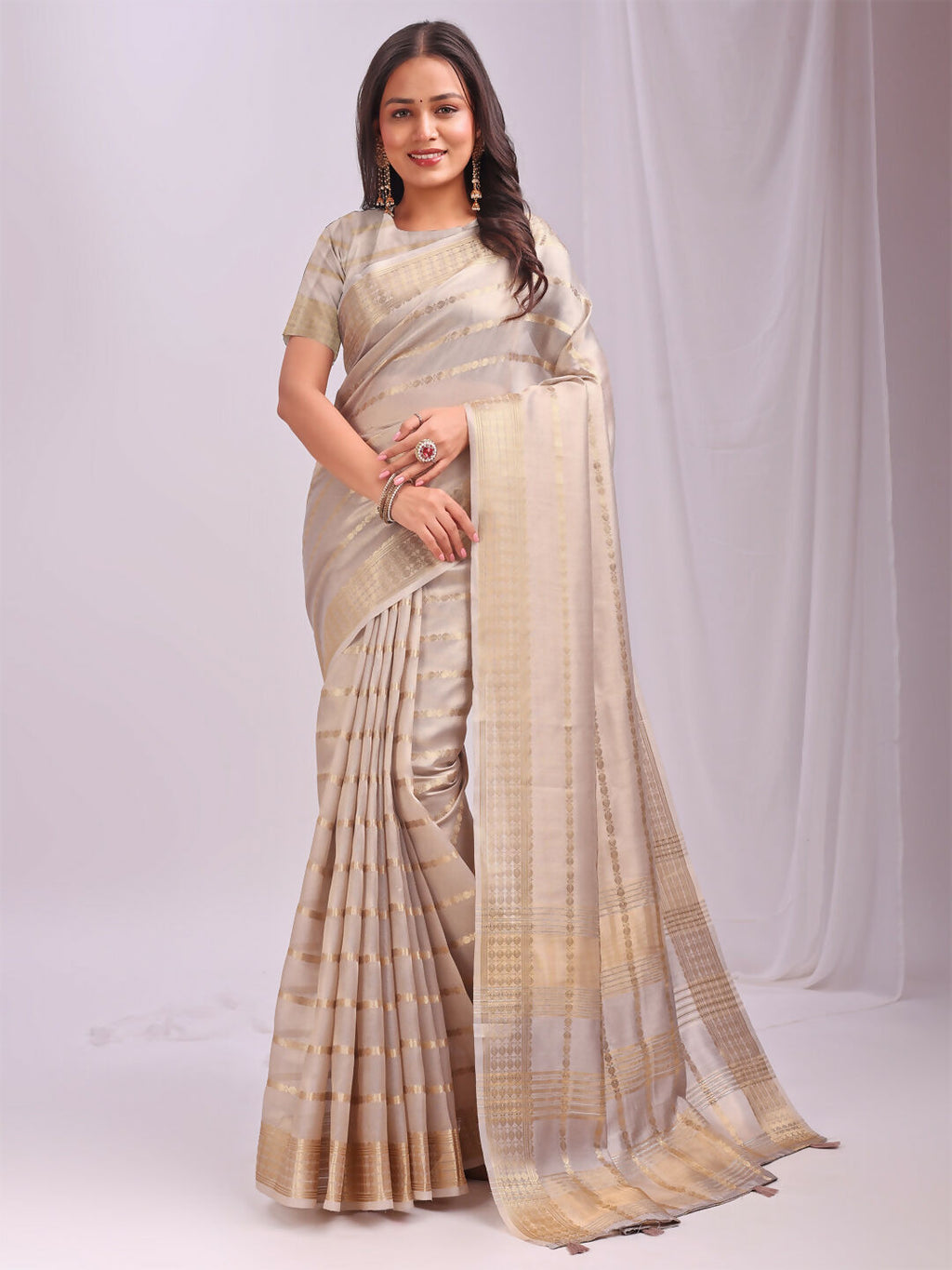 Shree Shyam Fashion Organza Cream Saree | Grocsy