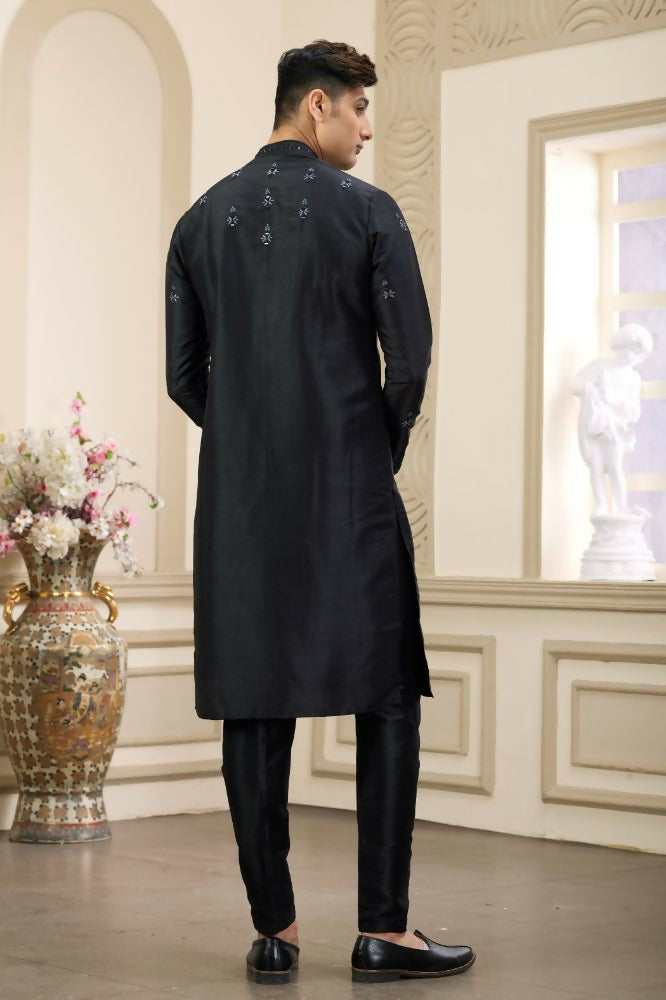 Raivat Ethnic Banarasi Art Silk Thread and Mirror Work Kurta Pajama In Black Colour | Grocsy