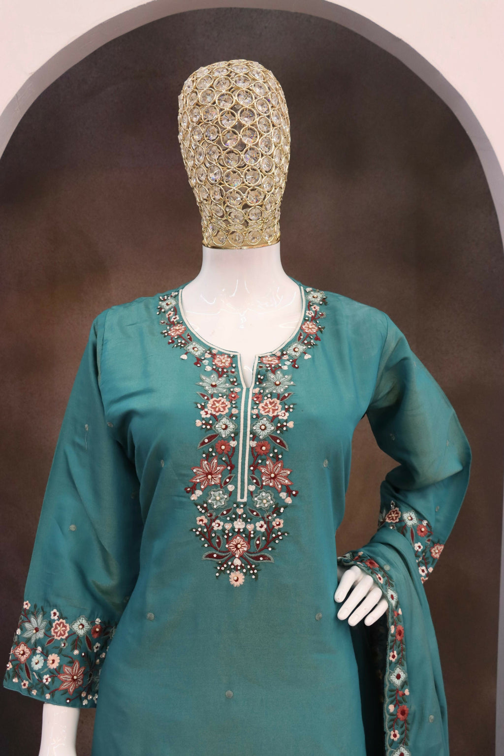 Anaita Turquoise Simar with Embroidery Multi & Zarkhan Work Readymade Palazzo suit | Grocsy