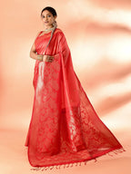 Joban Fashion Peach & Red Plain With Weaving Border Banarasi Silk Sarees | Grocsy