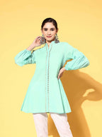 Ahalyaa Women Mint Green Pure Cotton Silver Print Tunic | Grocsy
