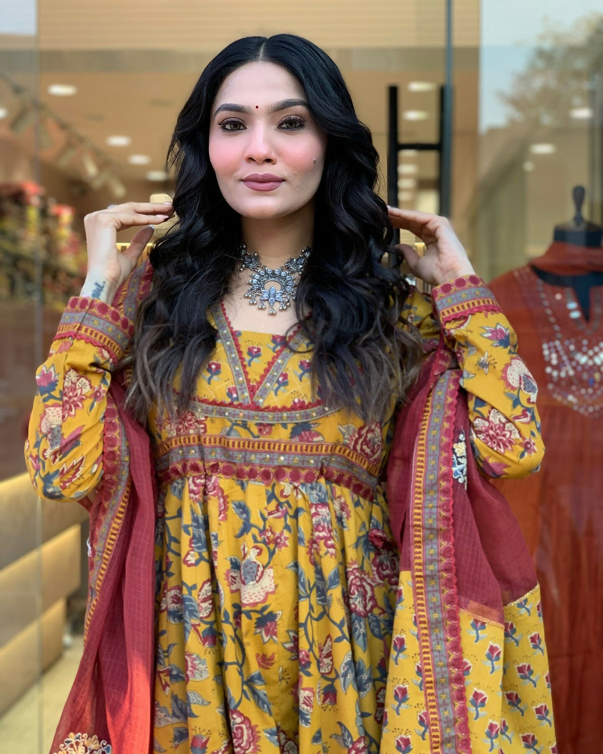 The52 Women's Beautiful Cotton Fabric Printed Work Flared Kurta Palazzo and Dupatta Set | Grocsy