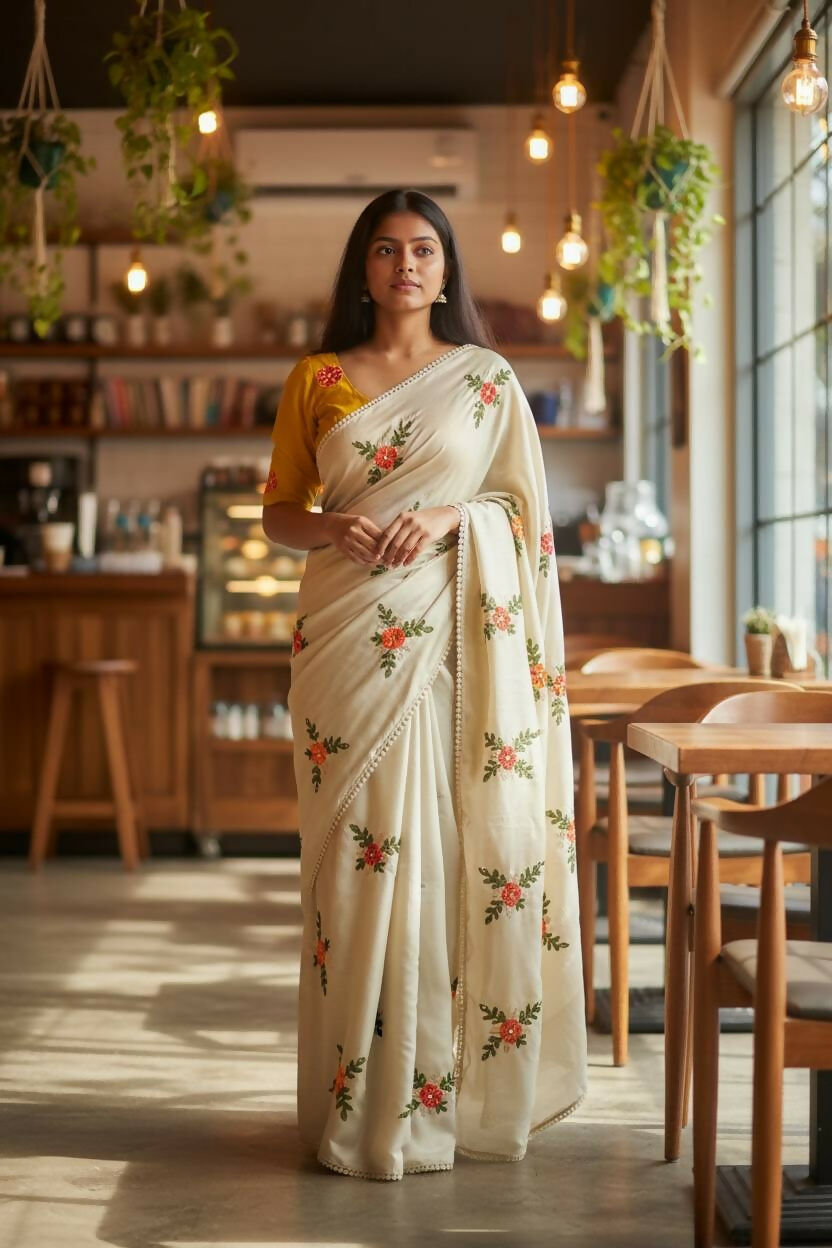 Teeya Creation Cream Rangoli Silk Embroidery Work Party Wear Designer Saree | Grocsy