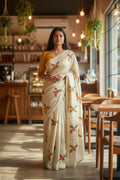 Teeya Creation Cream Rangoli Silk Embroidery Work Party Wear Designer Saree | Grocsy