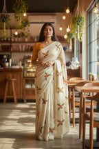 Teeya Creation Cream Rangoli Silk Embroidery Work Party Wear Designer Saree | Grocsy