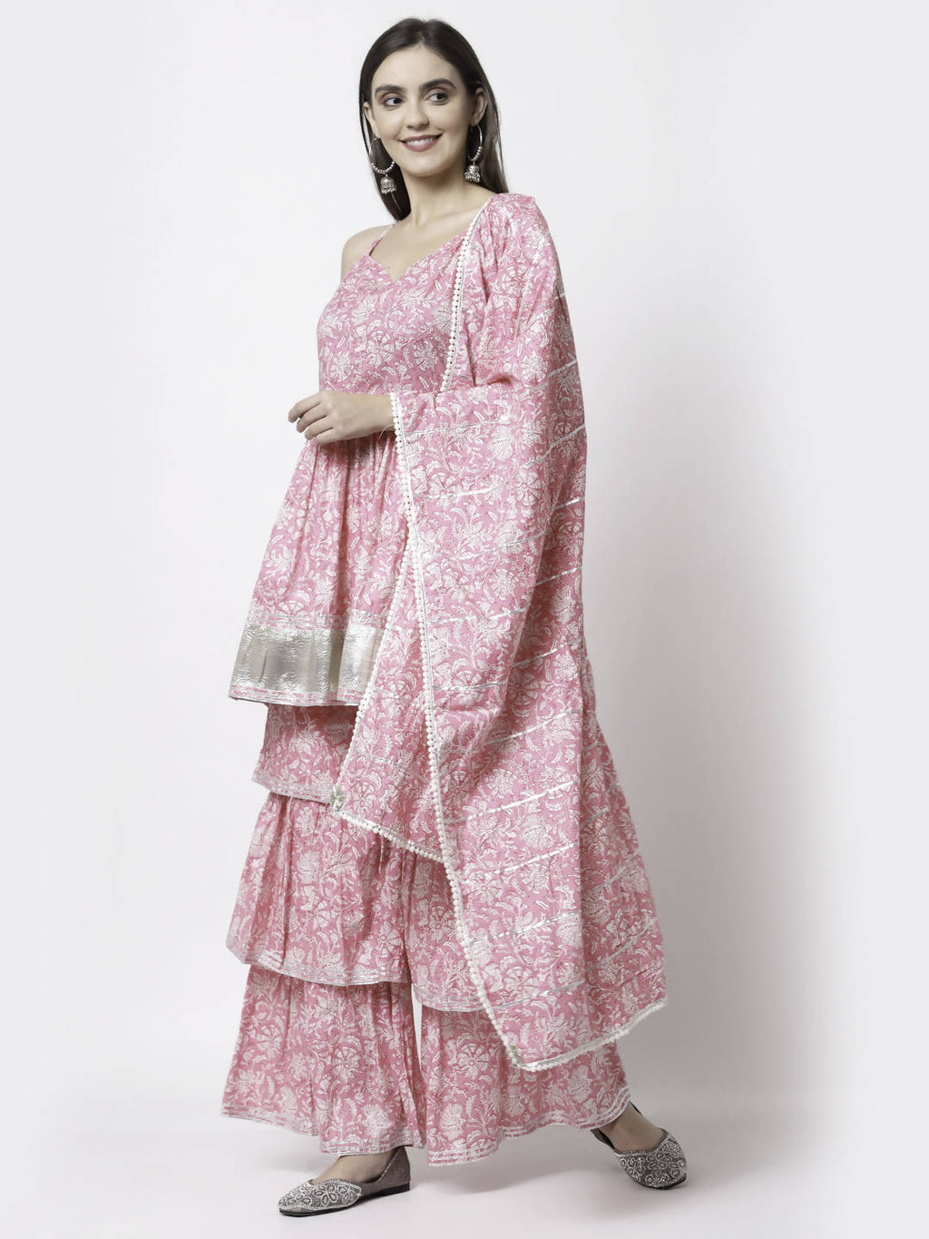 Myshka Women Pink Pure Cotton Printed Sleeveless Round Neck Kurta With Sharara & Dupatta Set | Grocsy
