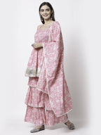 Myshka Women Pink Pure Cotton Printed Sleeveless Round Neck Kurta With Sharara & Dupatta Set | Grocsy