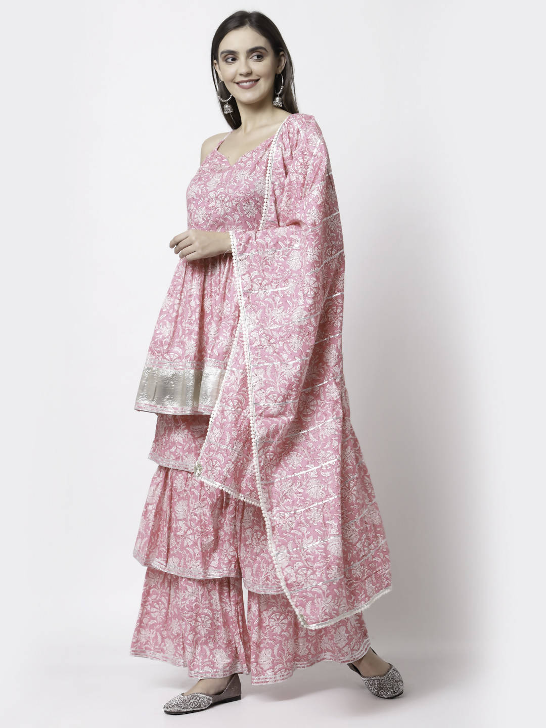 Myshka Women Pink Pure Cotton Printed Sleeveless Round Neck Kurta With Sharara & Dupatta Set | Grocsy