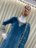 Vastranavya Blue Velvet Sequence Embroidery Work Kurta & Bottom With Dupatta | Grocsy