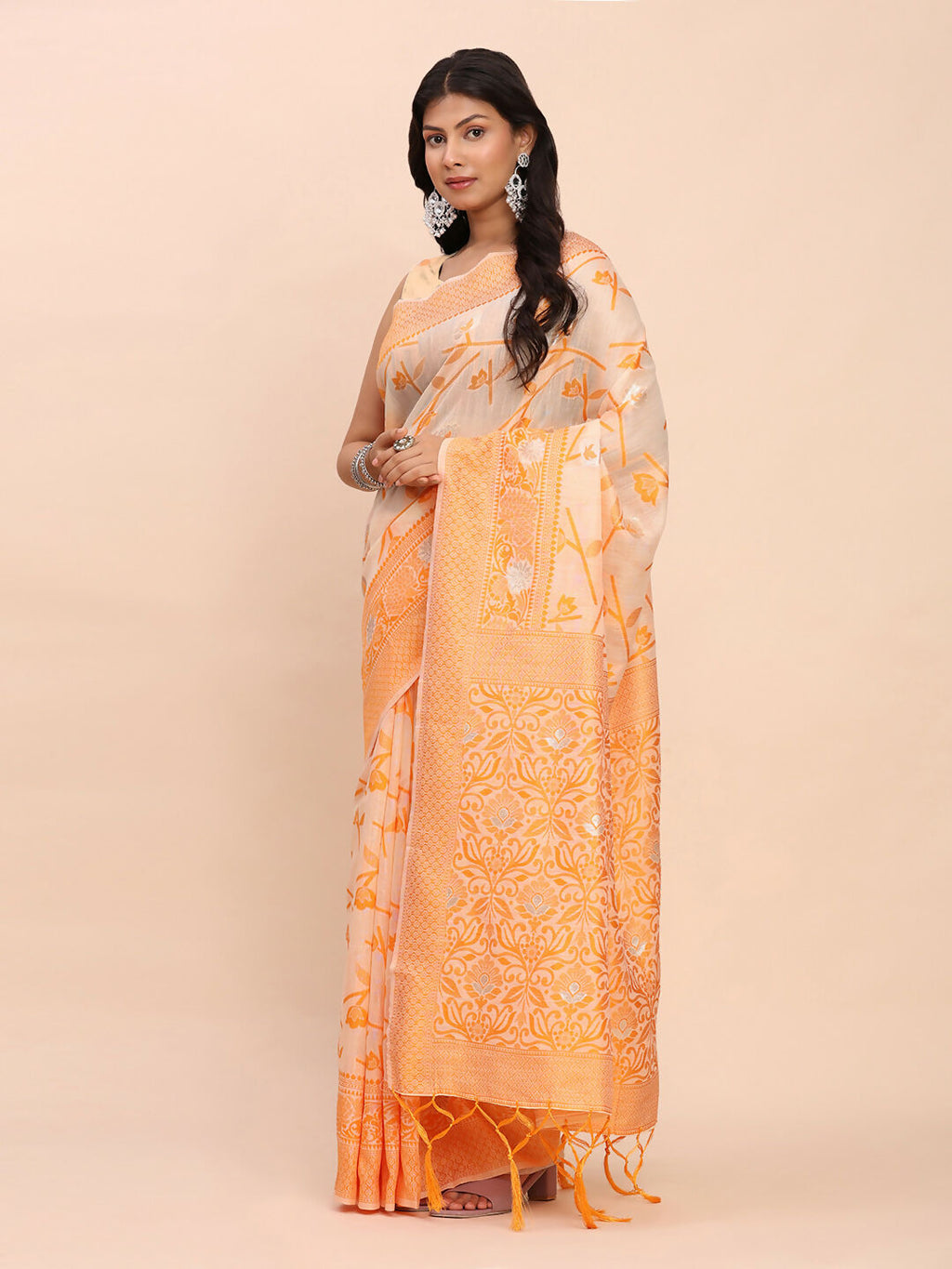 Shree Shyam Fashion Linen Cotton Orange Saree | Grocsy