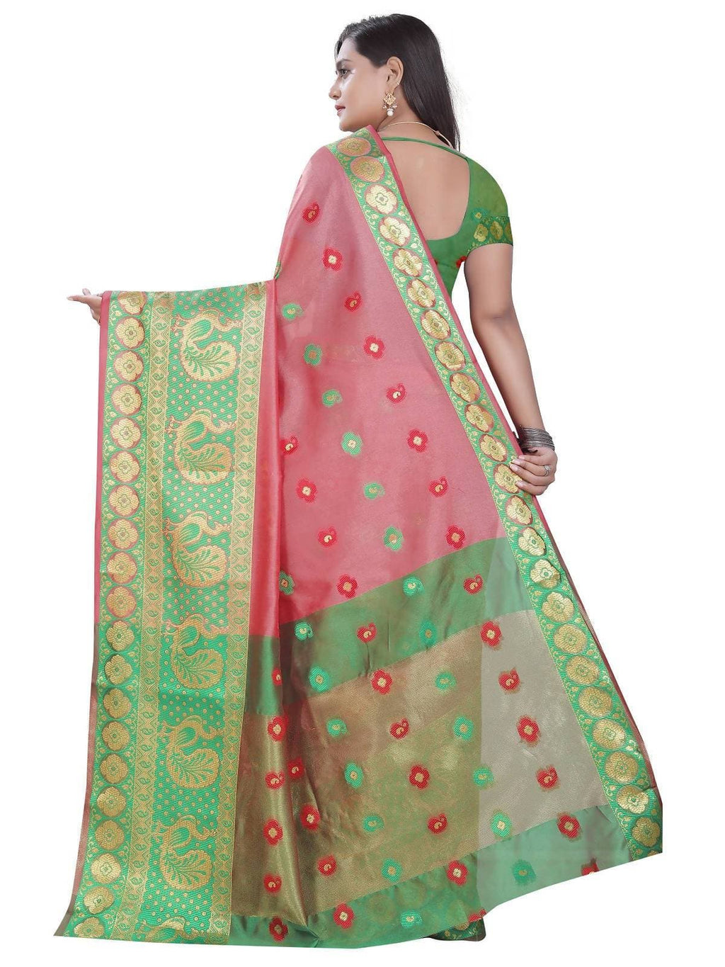 Vamika Banarasi Cotton Silk Peach Weaving Saree | Grocsy