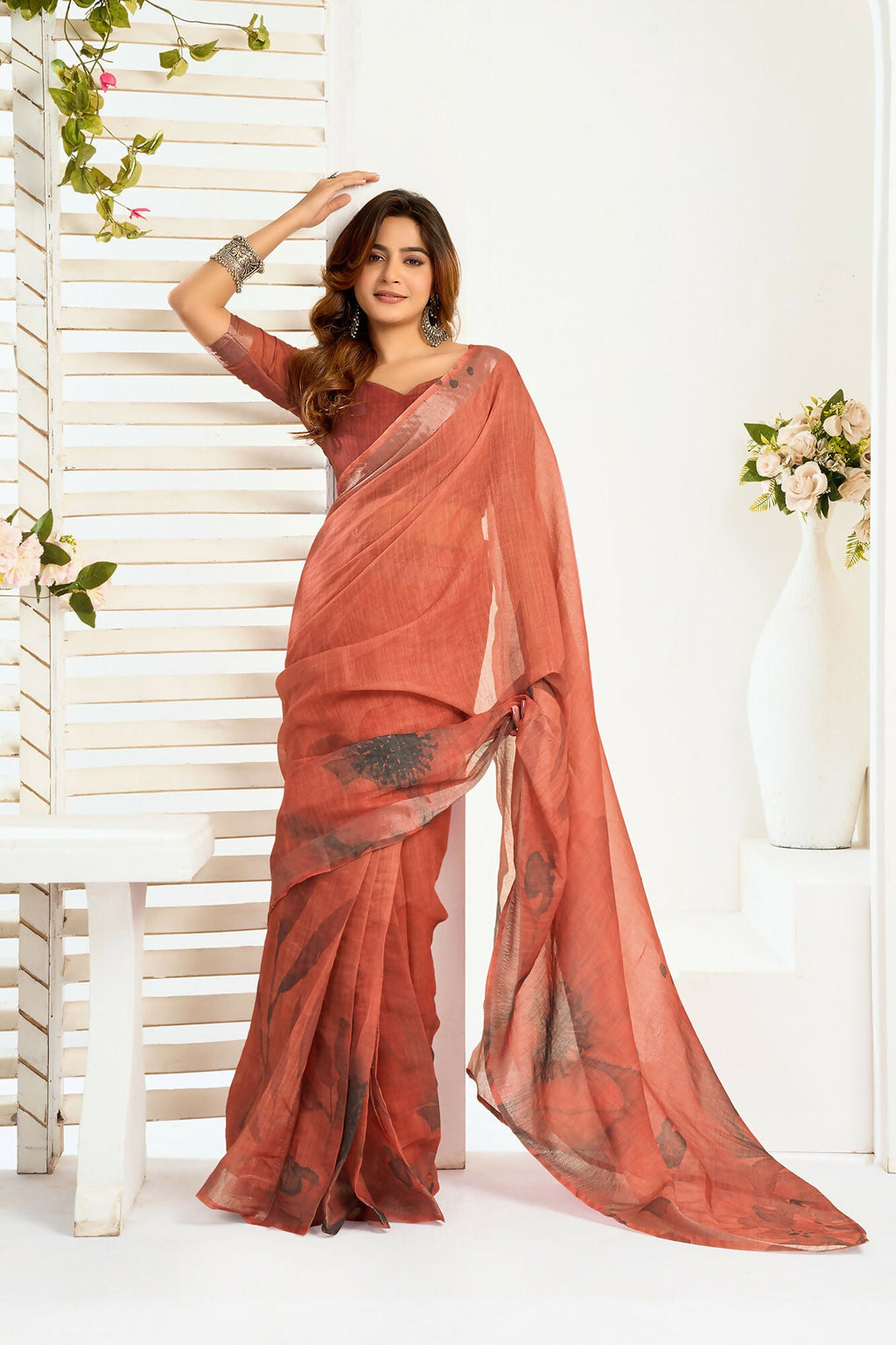 Vastranavya Brown Digital Printed Linen Ready To Wear Designer Saree with Unstitched Blouse | Grocsy