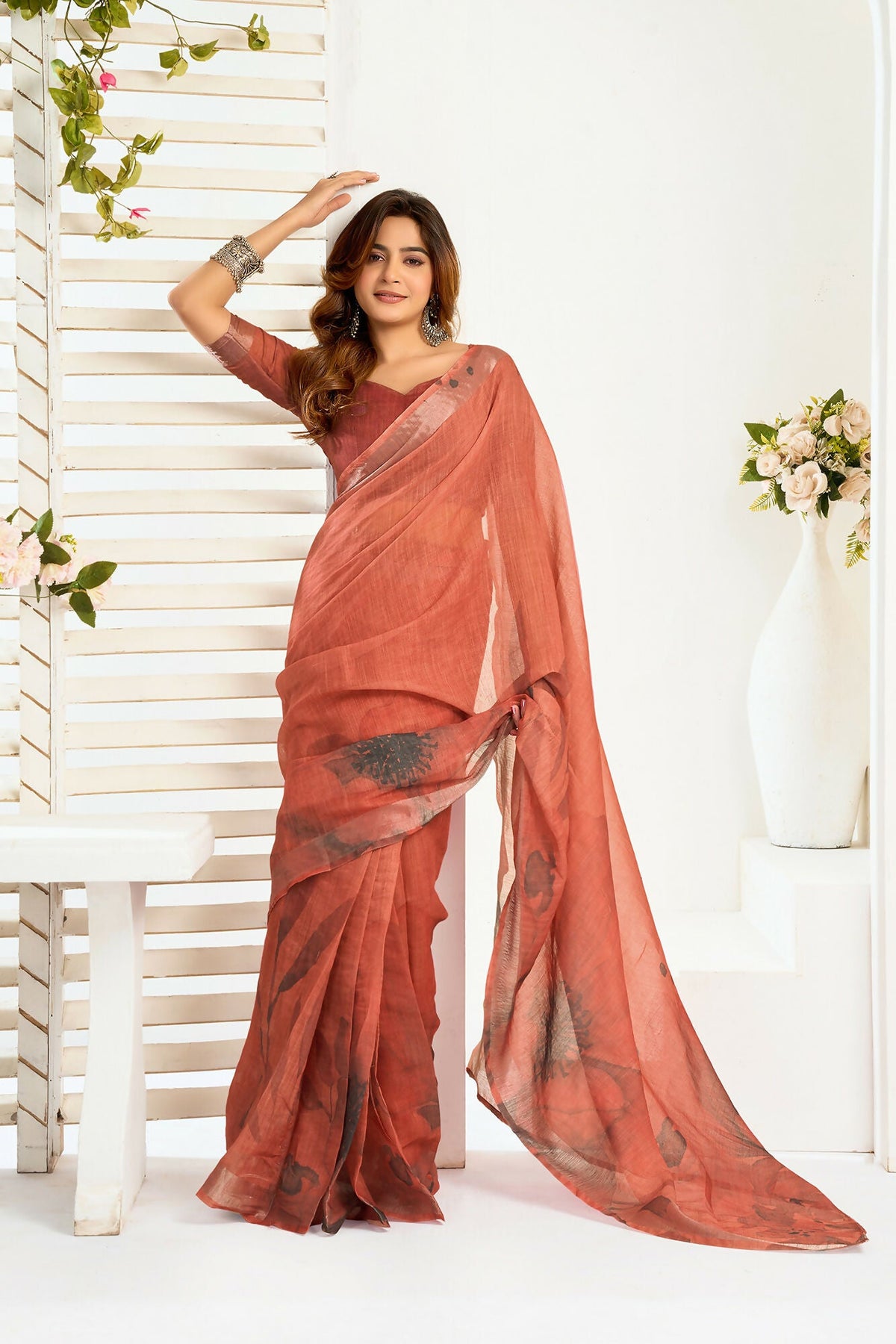 Vastranavya Brown Digital Printed Linen Ready To Wear Designer Saree with Unstitched Blouse | Grocsy