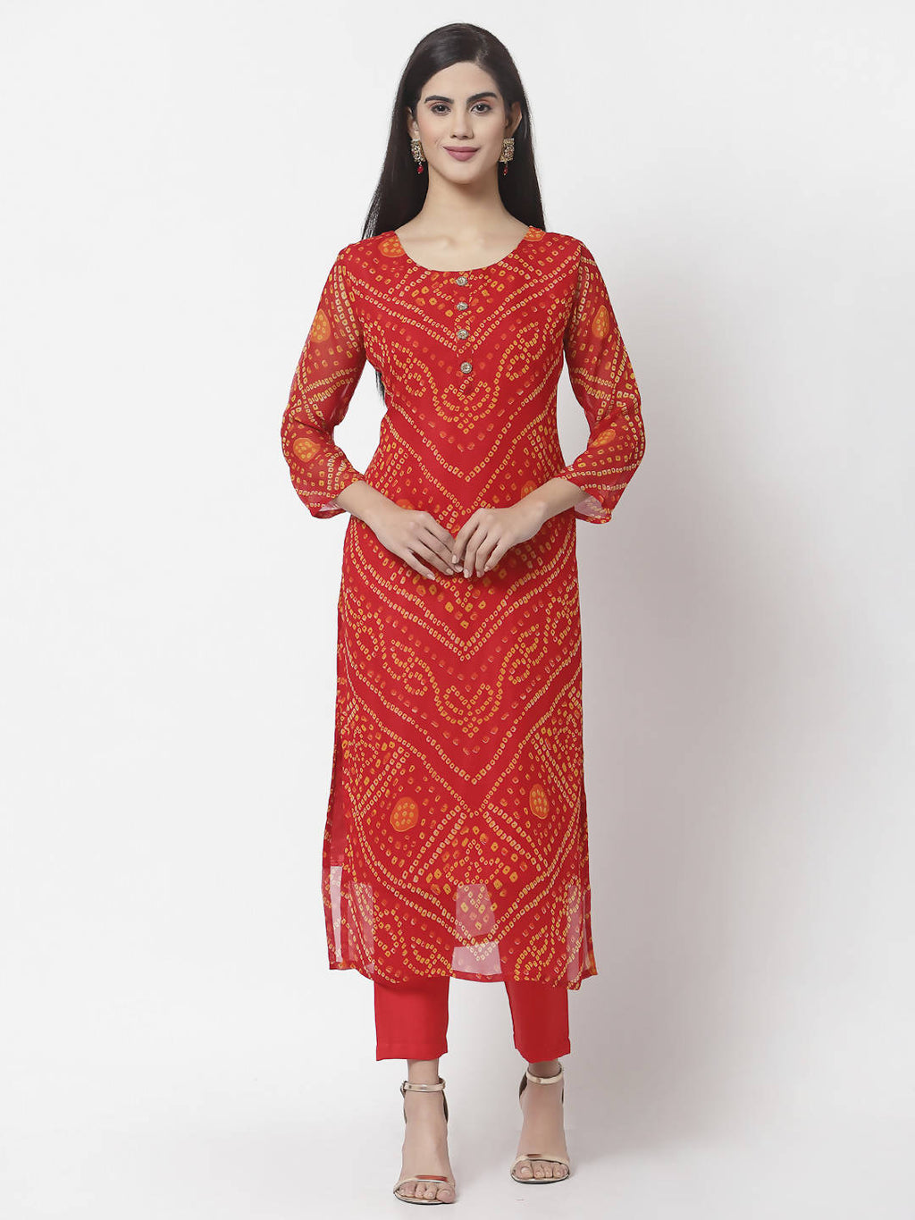Myshka Women Red Georgette Printed 3/4 Sleeve Round Neck Kurta Pant Dupatta Set | Grocsy
