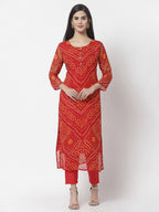 Myshka Women Red Georgette Printed 3/4 Sleeve Round Neck Kurta Pant Dupatta Set | Grocsy