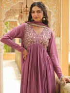 Janasya Lavender Georgette Yoke Embroidery Kurta,Bottom & Dupatta | Grocsy