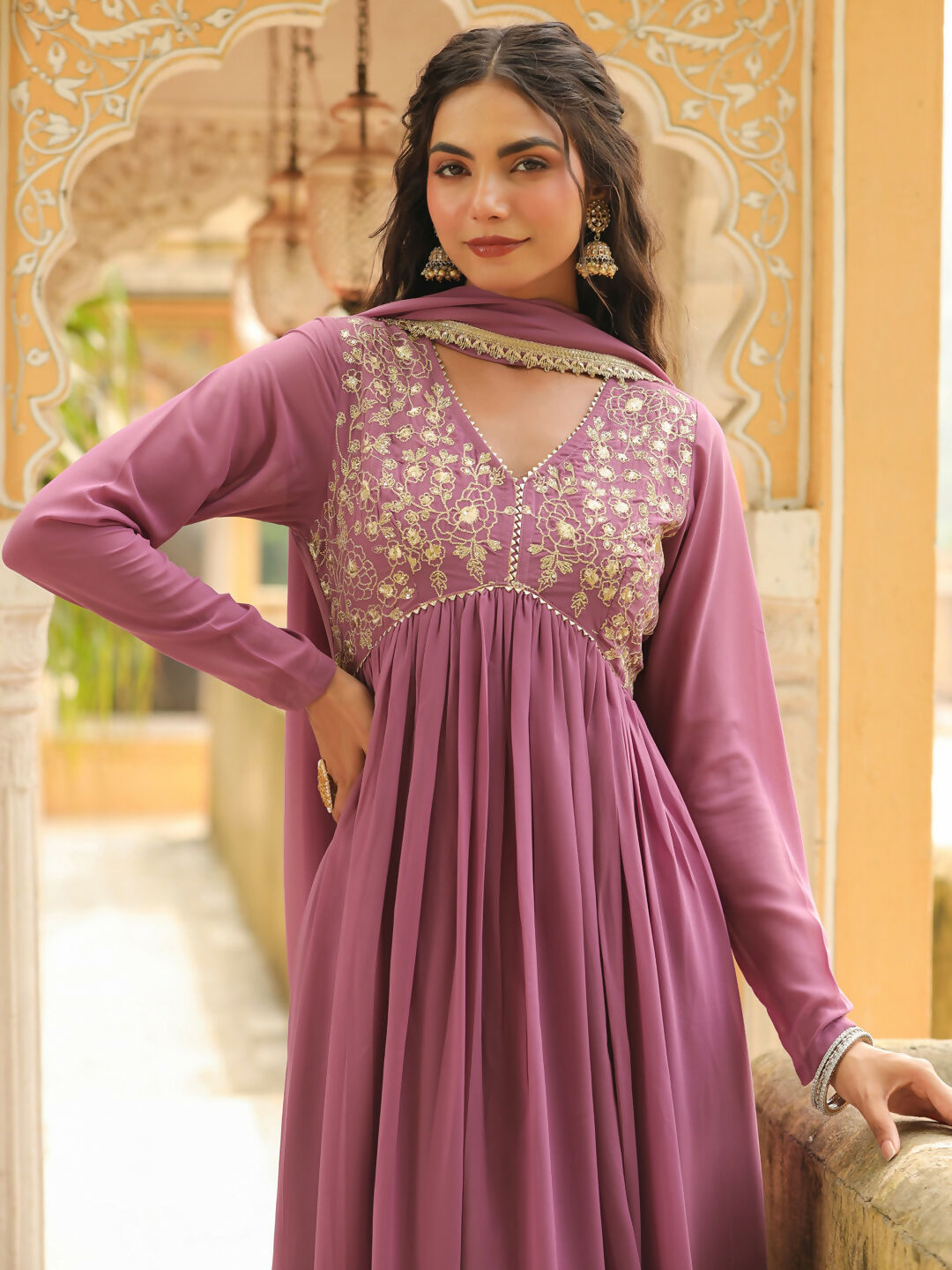 Janasya Lavender Georgette Yoke Embroidery Kurta,Bottom & Dupatta | Grocsy