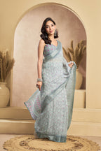 Vastranavya Grey Digital Printed Linen Ready To Wear Designer Saree with Unstitched Blouse | Grocsy