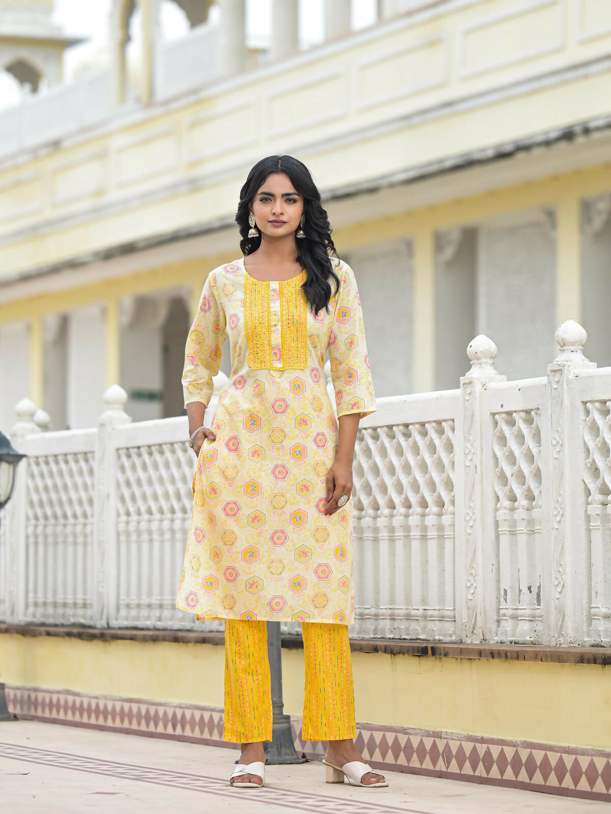 Juniper Women's Yellow Floral Printed Cotton Kurta Pant With Dupatta Set With Sequins & Thread Work | Grocsy