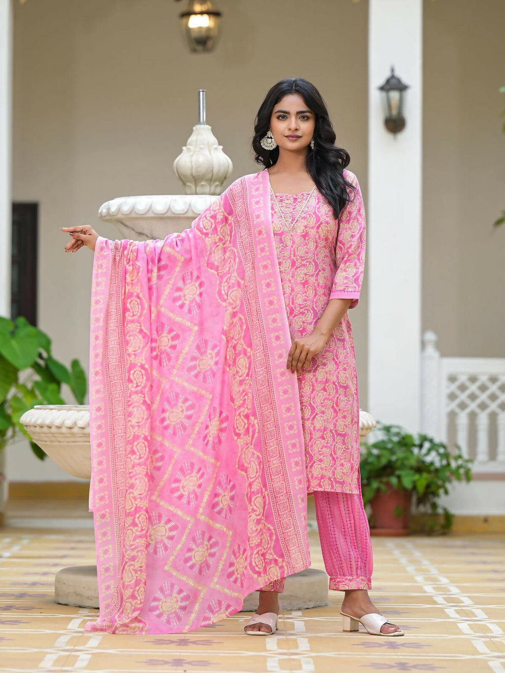 Juniper Women's Pink Ethnic Motif Printed Cotton Kurta Pant With Dupatta Set With Sequins & Lace | Grocsy