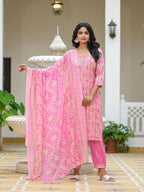 Juniper Women's Pink Ethnic Motif Printed Cotton Kurta Pant With Dupatta Set With Sequins & Lace | Grocsy