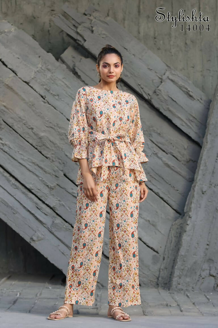 Women's Partywear Designer Cream & Multi Muslin co-ord set - Stylishta | Grocsy