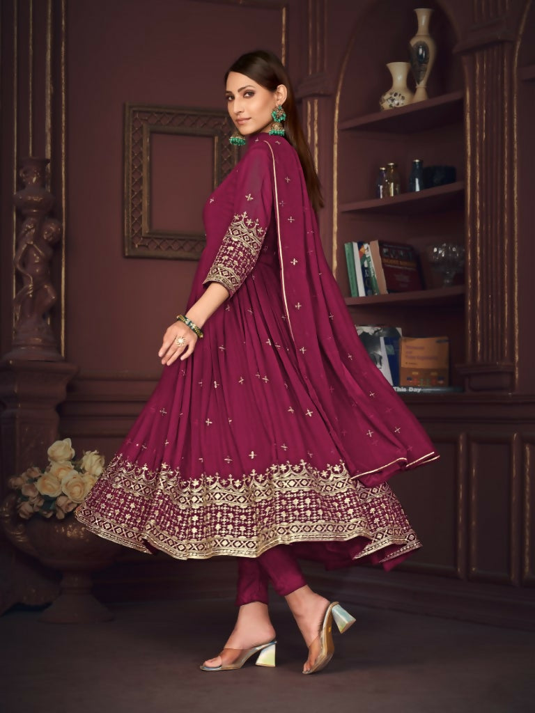 Jyoti Fashion Women's Rani Pink Georgette Embroidered Anarkali Kurta Pant Set With Dupatta | Grocsy