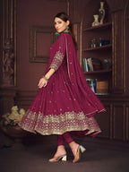 Jyoti Fashion Women's Rani Pink Georgette Embroidered Anarkali Kurta Pant Set With Dupatta | Grocsy