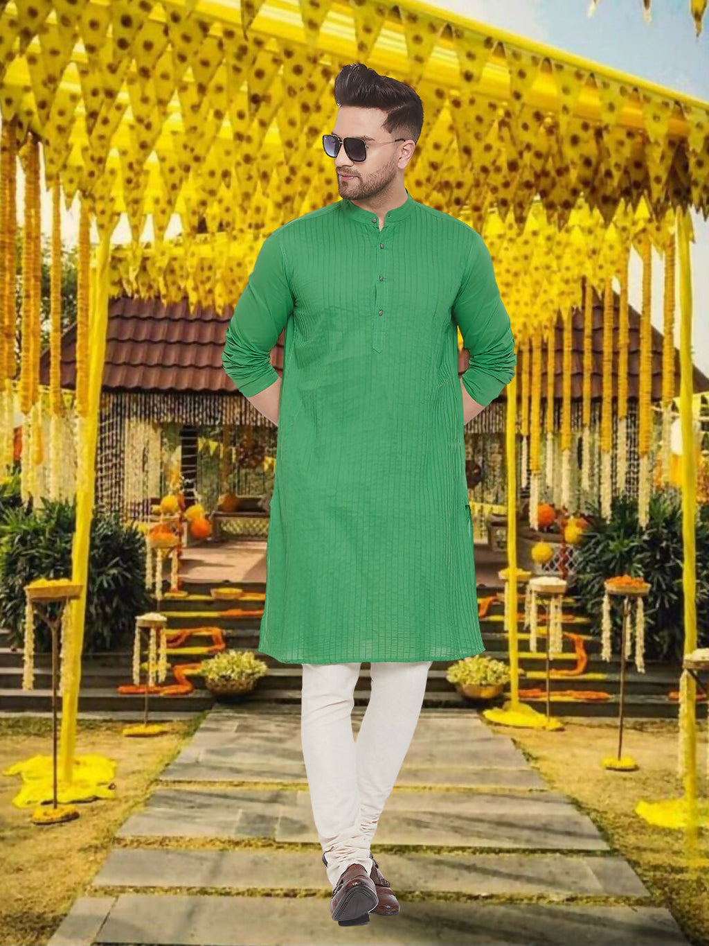 Even Apparels Men's Pintuck Fancy Green Kurta | Grocsy