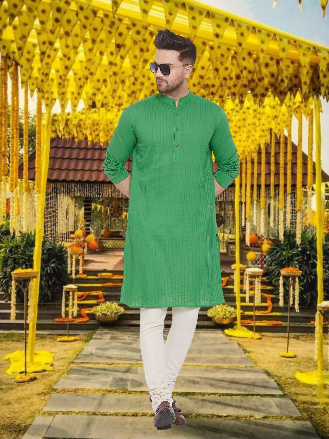 Even Apparels Men's Pintuck Fancy Green Kurta | Grocsy