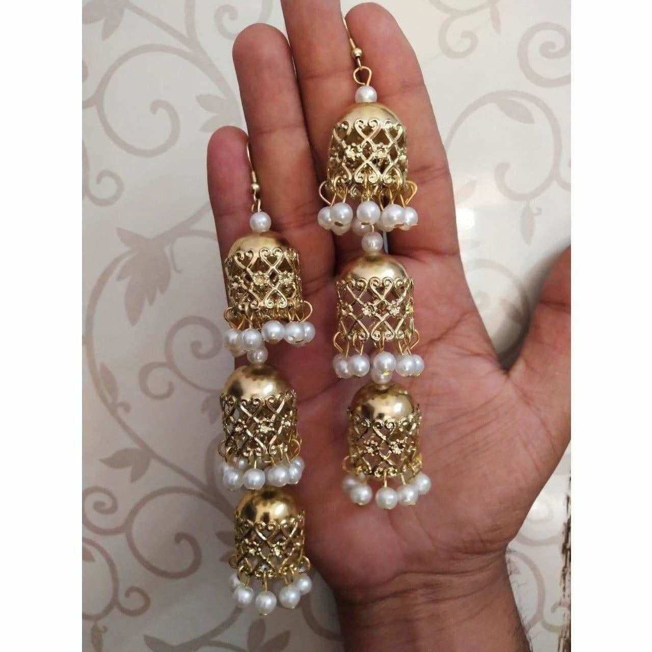 MS Fashion India Bridal Gold-Polished White Pearl Hanging Jhumka Earrings | Grocsy