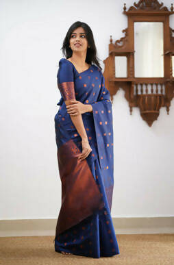 DEIANA'S Beautiful Designer Golden zari Soft Lichi Silk Saree - Blue | Grocsy