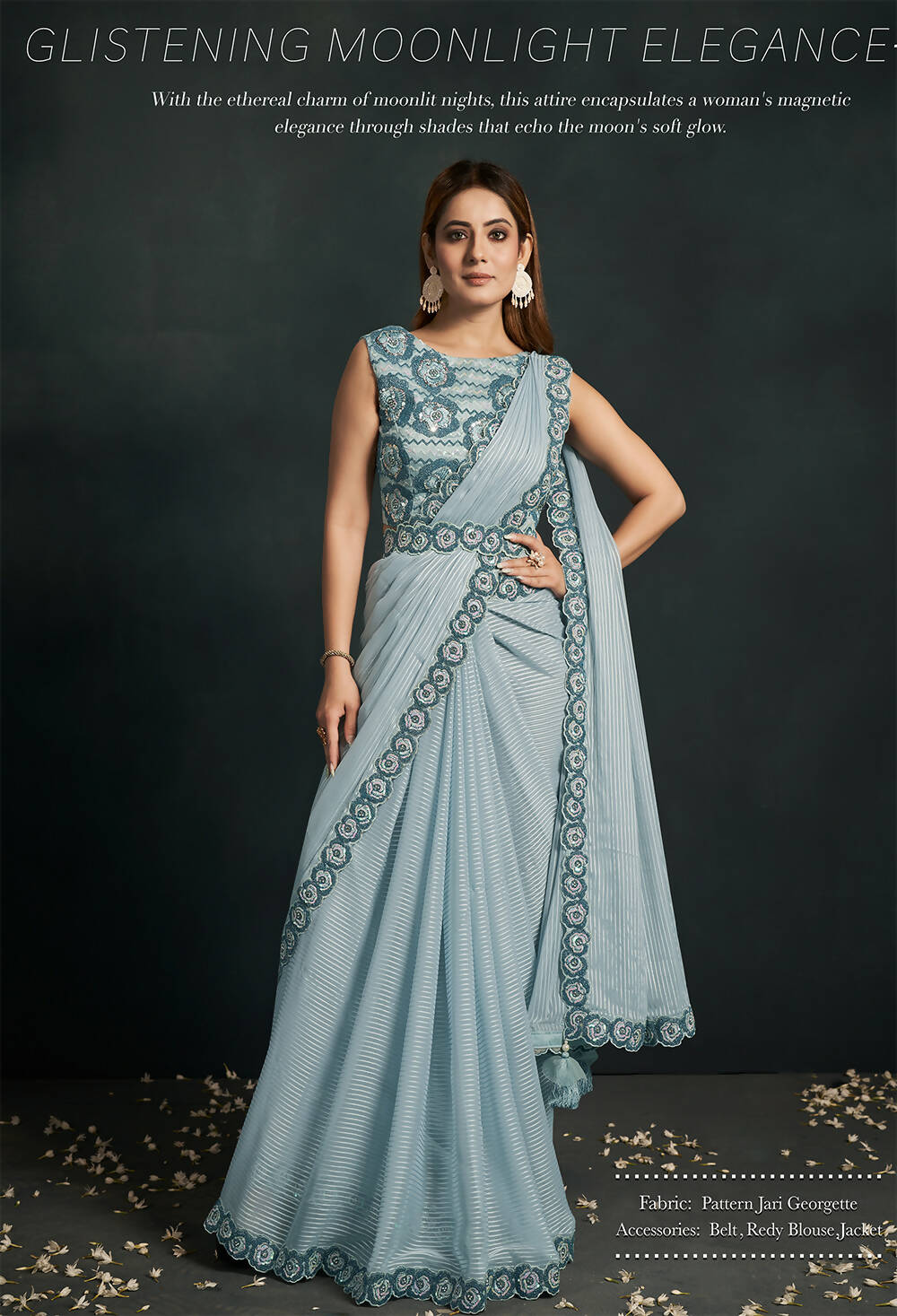Light Blue Pattern Jari Georgette Cord Sequence & Thread Embroidered & Stone Work Saree - Moh-Manthan Royal Enigma | Grocsy