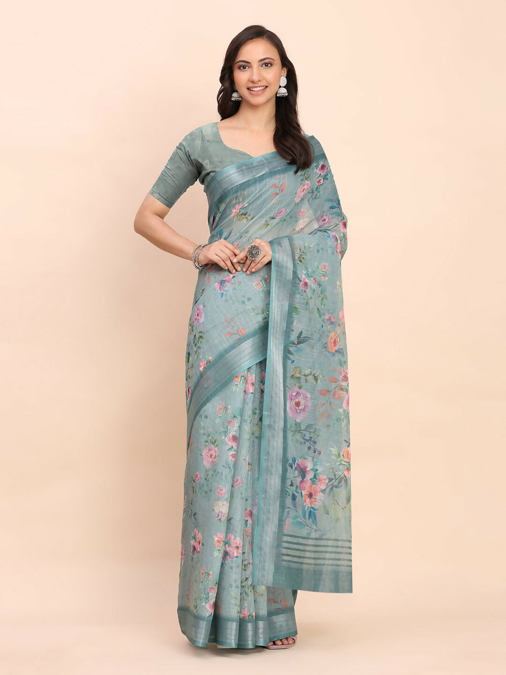 Shree Shyam Fashion Linen Cotton Sea Green Saree | Grocsy