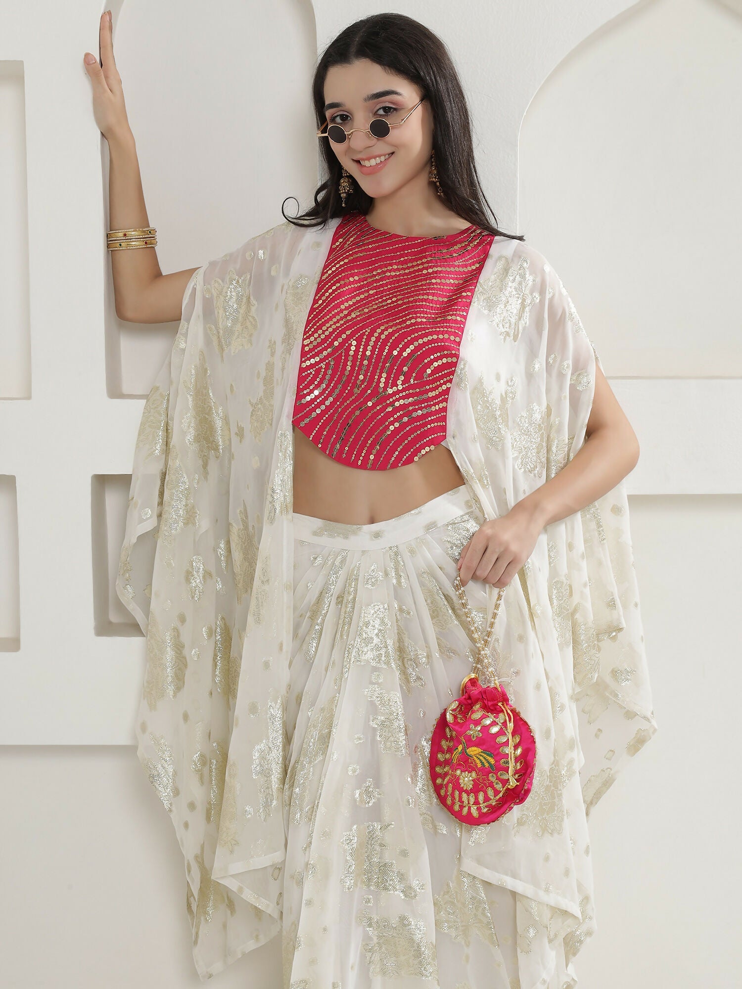 Joban Fashion White & Pink Kaftaan With Skirt | Grocsy