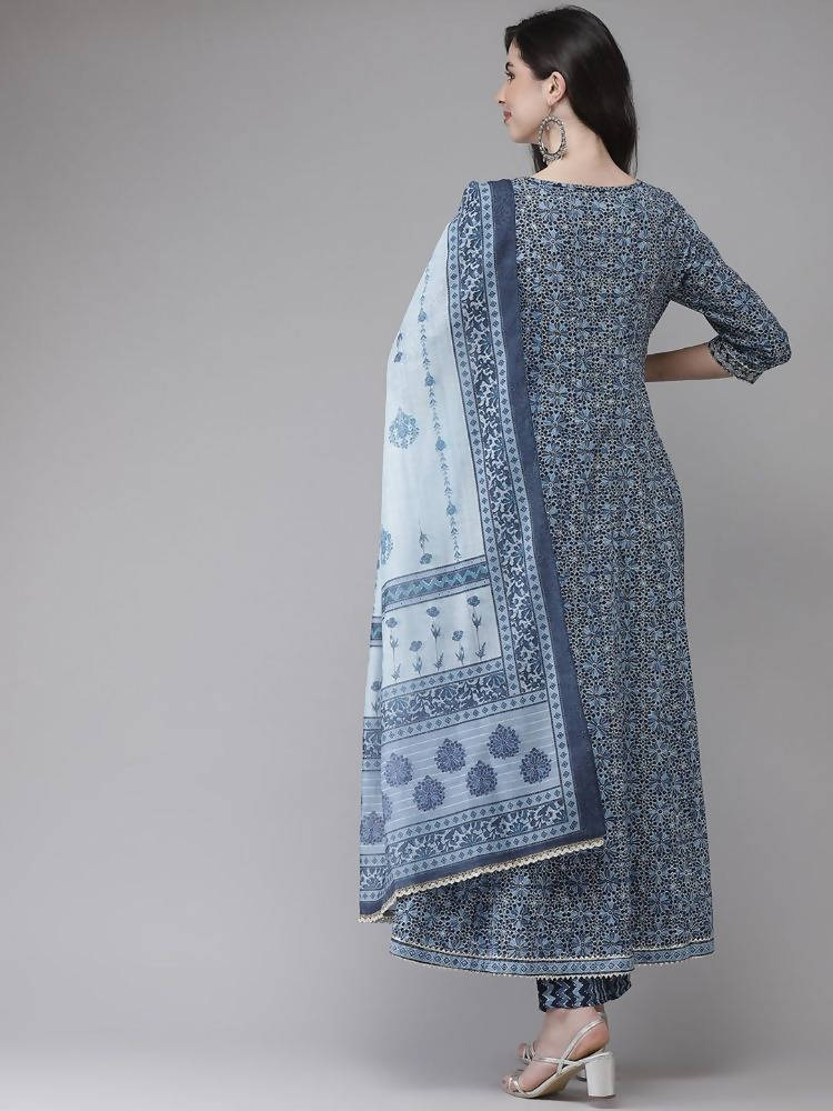 Yufta Women Blue Floral Yoke Design Angrakha Pure Cotton Kurta with Trouser With Dupatta | Grocsy