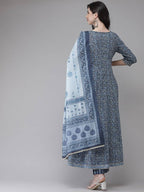 Yufta Women Blue Floral Yoke Design Angrakha Pure Cotton Kurta with Trouser With Dupatta | Grocsy